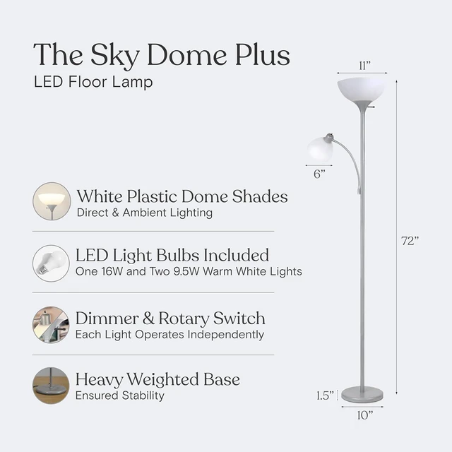 Alt view image 3 of 7 - Brightech Sky Dome Plus LED Floor lamp, Torchiere Super Bright Floor Lamp with Reading Lamp for Living Rooms & Offices - Dimmable Tall Standing Lamp for Bedroom Reading - Silver