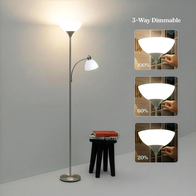 Alt view image 4 of 7 - Brightech Sky Dome Plus LED Floor lamp, Torchiere Super Bright Floor Lamp with Reading Lamp for Living Rooms & Offices - Dimmable Tall Standing Lamp for Bedroom Reading - Silver