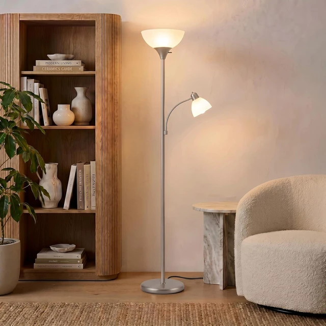 Alt view image 5 of 7 - Brightech Sky Dome Plus LED Floor lamp, Torchiere Super Bright Floor Lamp with Reading Lamp for Living Rooms & Offices - Dimmable Tall Standing Lamp for Bedroom Reading - Silver
