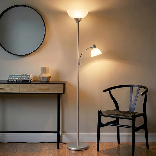 Alt view image 6 of 7 - Brightech Sky Dome Plus LED Floor lamp, Torchiere Super Bright Floor Lamp with Reading Lamp for Living Rooms & Offices - Dimmable Tall Standing Lamp for Bedroom Reading - Silver
