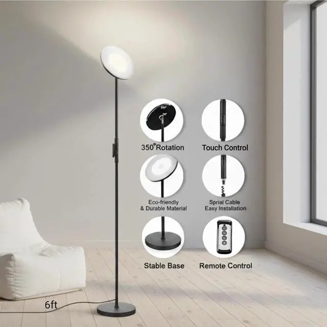 Alt view image 3 of 7 - JOOFO Floor Lamp,30W/2400LM Sky LED Modern Torchiere 3 Color Temperatures Super Bright-Tall Standing Pole Light with Remote & Touch Control for Living Room,Bed Room,Office (Black)