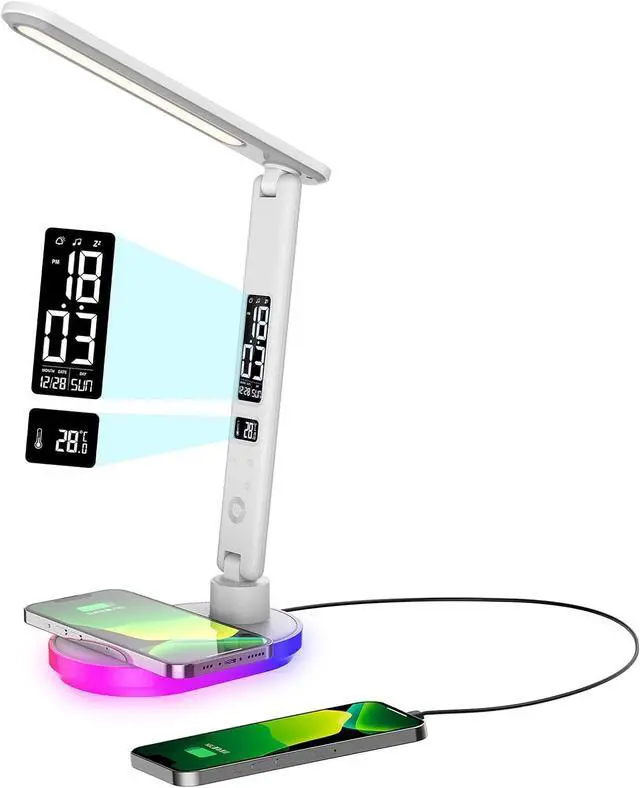 Main image of LED Desk Lamp with 10W QI Wireless Charging, Flexo Table Lamp with 3 Colors and 5 Brightness Levels with Charging Function,USB,Clock,Temperature,LCD,Date,Touch Control. (White)
