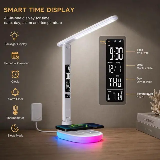 Alt view image 2 of 7 - LED Desk Lamp with 10W QI Wireless Charging, Flexo Table Lamp with 3 Colors and 5 Brightness Levels with Charging Function,USB,Clock,Temperature,LCD,Date,Touch Control. (White)