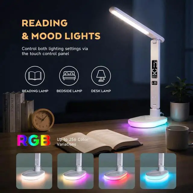 Alt view image 3 of 7 - LED Desk Lamp with 10W QI Wireless Charging, Flexo Table Lamp with 3 Colors and 5 Brightness Levels with Charging Function,USB,Clock,Temperature,LCD,Date,Touch Control. (White)