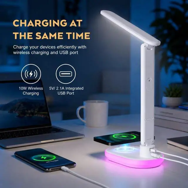 Alt view image 5 of 7 - LED Desk Lamp with 10W QI Wireless Charging, Flexo Table Lamp with 3 Colors and 5 Brightness Levels with Charging Function,USB,Clock,Temperature,LCD,Date,Touch Control. (White)