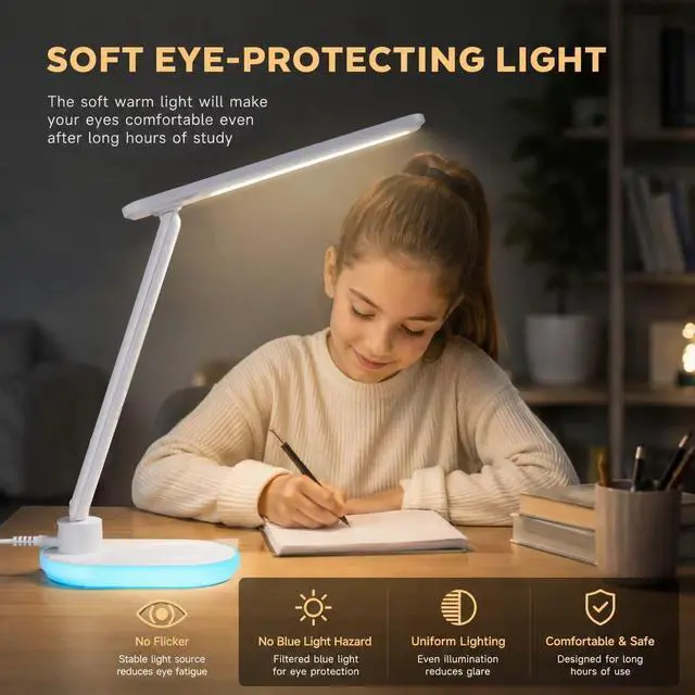 Alt view image 4 of 7 - LED Desk Lamp with 10W QI Wireless Charging, Flexo Table Lamp with 3 Colors and 5 Brightness Levels with Charging Function,USB,Clock,Temperature,LCD,Date,Touch Control. (White)