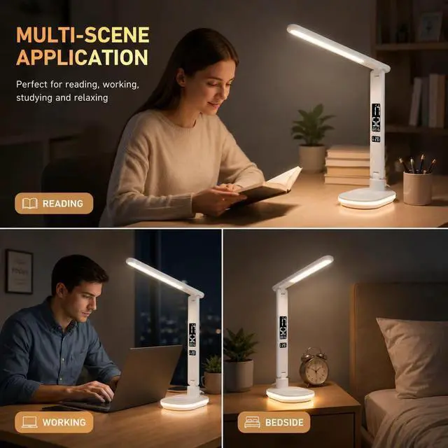 Alt view image 7 of 7 - LED Desk Lamp with 10W QI Wireless Charging, Flexo Table Lamp with 3 Colors and 5 Brightness Levels with Charging Function,USB,Clock,Temperature,LCD,Date,Touch Control. (White)