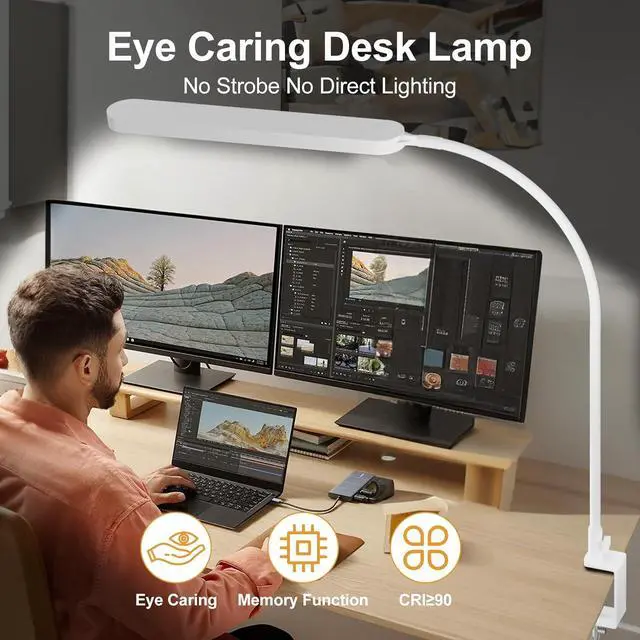 Alt view image 5 of 6 - SKYLEO Led Desk Lamp - 33.5" Desk Light - Flexible Gooseneck - 5 Color Modes X 11 Brightness Levels - 1300LM - Timmer & Memory Function - 12W Clip on Light - White