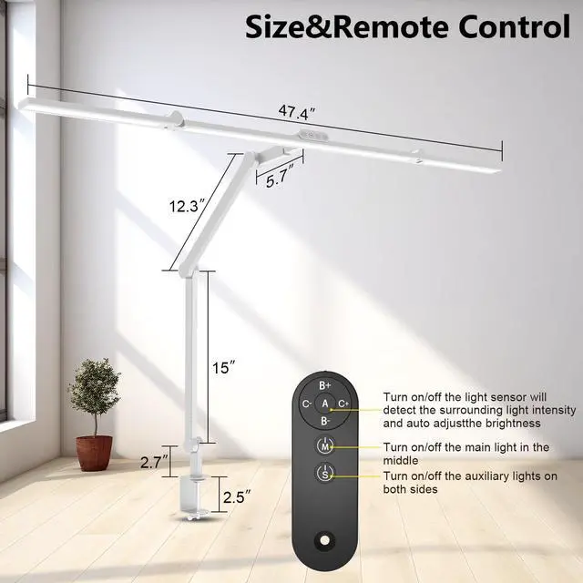 Alt view image 5 of 6 - EPABINA 36W Ultra Bright Architect Desk Lamp with Clamp, Tall Overhead Rotatable Led Desk Light for Home Office, 47Inch Long Adjustable Monitor Light Bar with Remote for Computer Screen Desktop Table