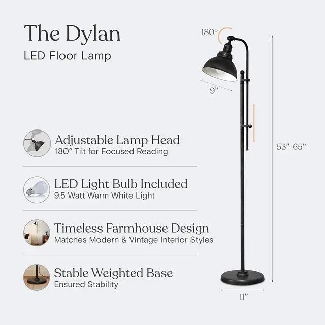 Alt view image 4 of 7 - Brightech Dylan Industrial Floor Lamp for Living Rooms & Offices, Bright LED Light Charming Farmhouse Standing Lamp, Adjustable Head Reading for Bedroom, Stunning Living Room Decor