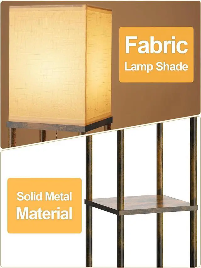 Alt view image 2 of 7 - Floor Lamp with Shelves for Living Room Brown, Shelf Floor Lamp with 3 CCT LED Bulb, Corner Display Standing Column Lamp Etagere Organizer Tower Nightstand with White Linen Shade for Bedroom