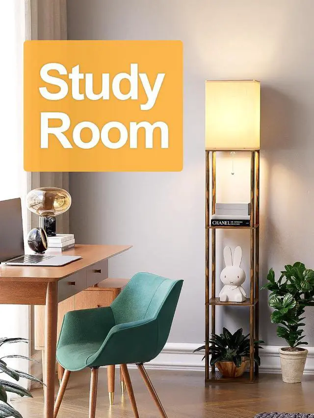 Alt view image 7 of 7 - Floor Lamp with Shelves for Living Room Brown, Shelf Floor Lamp with 3 CCT LED Bulb, Corner Display Standing Column Lamp Etagere Organizer Tower Nightstand with White Linen Shade for Bedroom