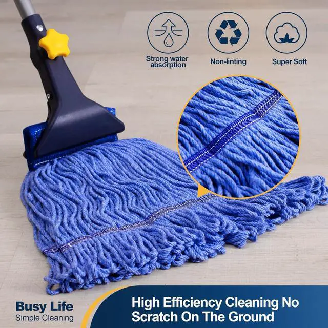 Alt view image 2 of 7 - Yocada Looped-End String Wet Mop Heavy Duty Cotton Mop Commercial Industrial Grade Telescopic Iron Pole Jaw Clamp Floor Cleaning 55.1 inch