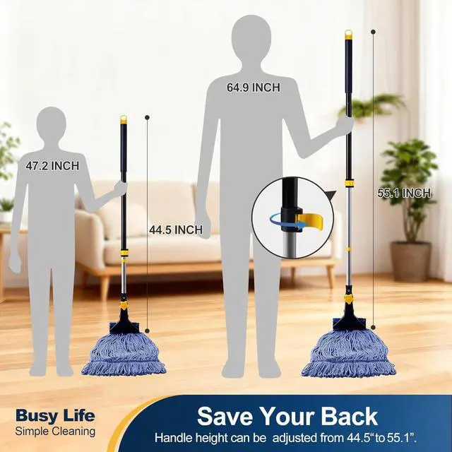 Alt view image 4 of 7 - Yocada Looped-End String Wet Mop Heavy Duty Cotton Mop Commercial Industrial Grade Telescopic Iron Pole Jaw Clamp Floor Cleaning 55.1 inch