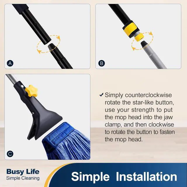 Alt view image 7 of 7 - Yocada Looped-End String Wet Mop Heavy Duty Cotton Mop Commercial Industrial Grade Telescopic Iron Pole Jaw Clamp Floor Cleaning 55.1 inch