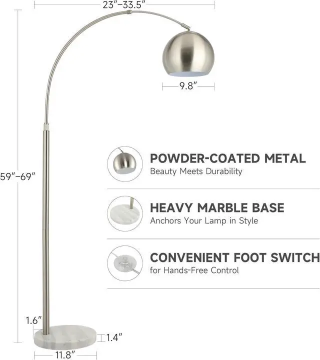 Alt view image 5 of 7 - CO-Z Modern Floor Lamp for Living Room, Brushed Nickel Arc Floor Lamp with LED Bulb, Marble Base Contemporary Tall Lamp for Living Room Couch Sofa, Height Up to 69 Inch