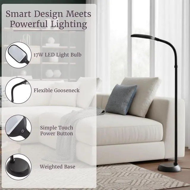 Alt view image 4 of 7 - Lavish Home Adjustable LED Floor Lamp with Bendable Neck - Full Spectrum Natural Sunlight LED Lamp for Bedroom and Living Room - Reading, Craft, and Esthetician Light (Black)
