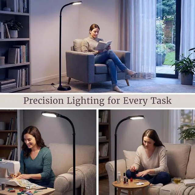 Alt view image 5 of 7 - Lavish Home Adjustable LED Floor Lamp with Bendable Neck - Full Spectrum Natural Sunlight LED Lamp for Bedroom and Living Room - Reading, Craft, and Esthetician Light (Black)