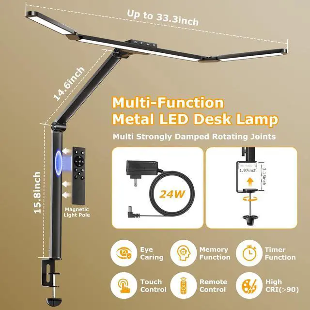 Alt view image 3 of 7 - Airlonv LED Desk Lamp with Clamp, Architect Desk Lamp for Home Office with Remote, 24W Ultra-Bright Desk Light with Stepless Dimming and Stepless Color Temp, Memory Function for Study and Workbench