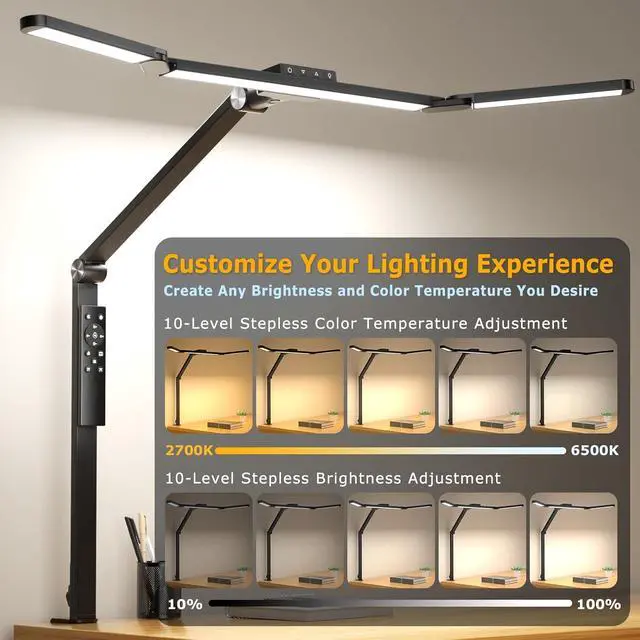 Alt view image 5 of 7 - Airlonv LED Desk Lamp with Clamp, Architect Desk Lamp for Home Office with Remote, 24W Ultra-Bright Desk Light with Stepless Dimming and Stepless Color Temp, Memory Function for Study and Workbench