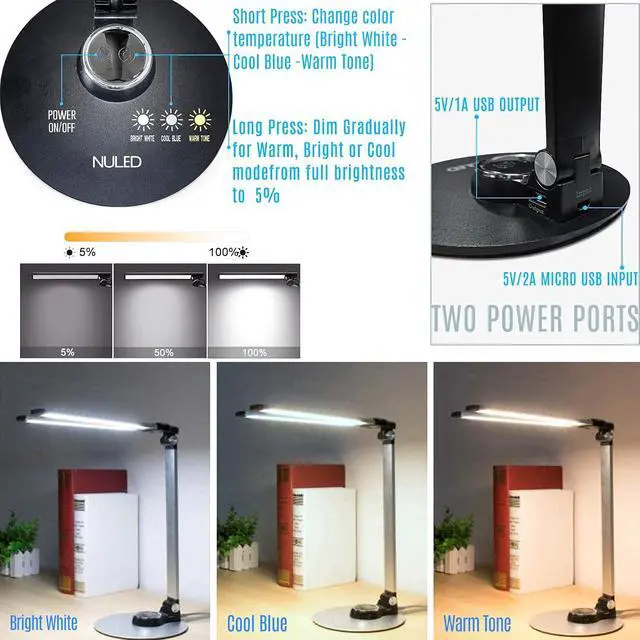 Alt view image 2 of 7 - NUNET LED Desk Lamps for Home Office,Piano Lamp for Upright Piano,Rotatable Aluminum Desk Lamps with USB Charging Port,Eye-Caring Reading Light/3 Lighting Modes/Brightness Adjustable Lamp,Black