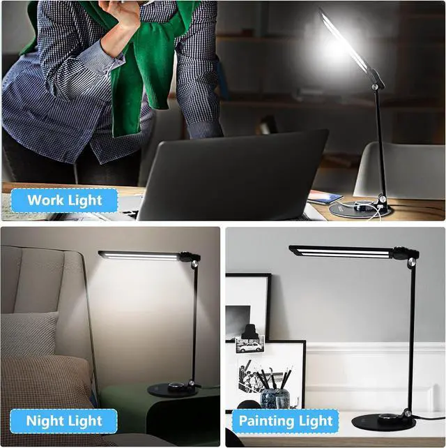 Alt view image 6 of 7 - NUNET LED Desk Lamps for Home Office,Piano Lamp for Upright Piano,Rotatable Aluminum Desk Lamps with USB Charging Port,Eye-Caring Reading Light/3 Lighting Modes/Brightness Adjustable Lamp,Black