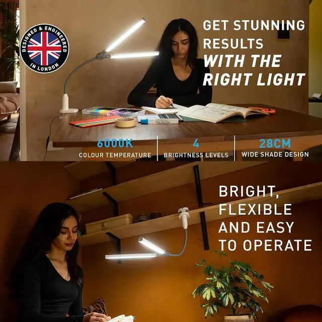 Alt view image 5 of 6 - DuoPro Clamp LED Lamp - 6,000K Daylight, 2,100 Lux at 12", 4 Brightness Levels, Anti-Glare Shades, Adjustable Arm, Slim Design, Perfect for Sewing, Reading, Crafts, Beauty Treatments - Grey/White