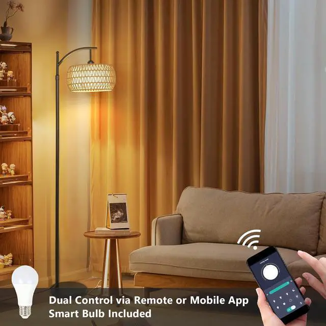 Alt view image 5 of 7 - Arc Floor Lamp with Remote Control, Dimmable LED Floor Lamp with 3 Color Temperature, Black Standing Lamp with Rattan & Fabric Double Drum Shade, Boho Farmhouse Tall Pole Lamp for Living Room Bedroom