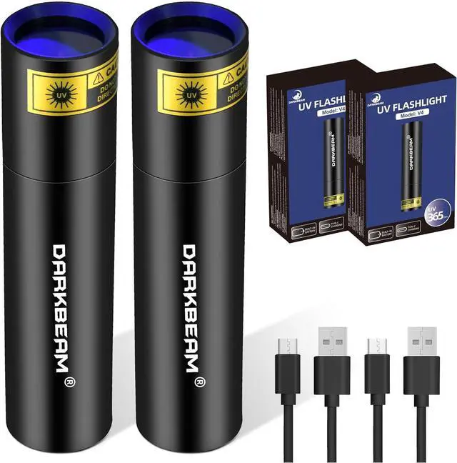 Main image of DARKBEAM UV Flashlight 365nm Woods Lamp USB Rechargeable Portable Blacklight LED Ultraviolet Light Mini, Detector for Pet Urine, Stains, Uranium Glass, Money, Amber 370nm, 2 Pack