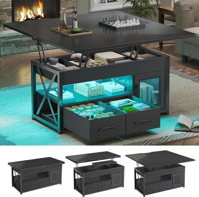 Main image of Itaar 40" Lift Top Coffee Table, 4 in 1 Coffee Tables with Storage Cabinet for Living Room, Small Farmhouse Coffee Table with 2 Fabric Drawers & LED Light for Dining Room, Black