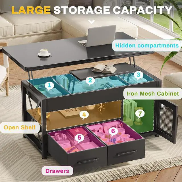 Alt view image 3 of 7 - Itaar 40" Lift Top Coffee Table, 4 in 1 Coffee Tables with Storage Cabinet for Living Room, Small Farmhouse Coffee Table with 2 Fabric Drawers & LED Light for Dining Room, Black