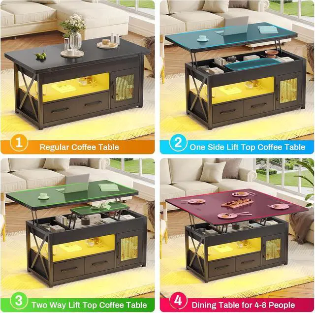 Alt view image 4 of 7 - Itaar 40" Lift Top Coffee Table, 4 in 1 Coffee Tables with Storage Cabinet for Living Room, Small Farmhouse Coffee Table with 2 Fabric Drawers & LED Light for Dining Room, Black