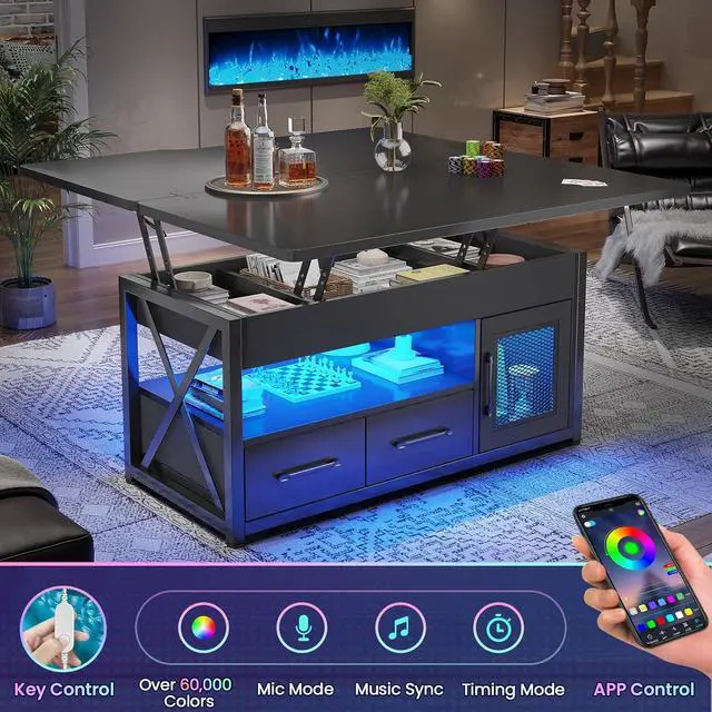 Alt view image 5 of 7 - Itaar 40" Lift Top Coffee Table, 4 in 1 Coffee Tables with Storage Cabinet for Living Room, Small Farmhouse Coffee Table with 2 Fabric Drawers & LED Light for Dining Room, Black