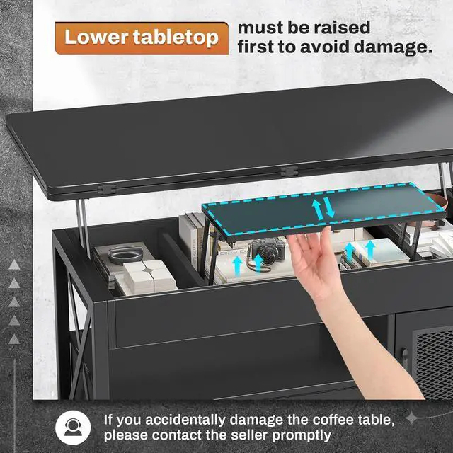 Alt view image 6 of 7 - Itaar 40" Lift Top Coffee Table, 4 in 1 Coffee Tables with Storage Cabinet for Living Room, Small Farmhouse Coffee Table with 2 Fabric Drawers & LED Light for Dining Room, Black