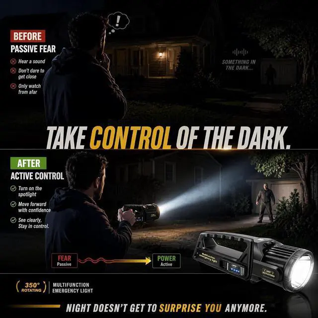 Alt view image 3 of 7 - 1300000 L Spotlight, Rechargeable Led Spotlight Flashlight with 350° Rotate Head, 9 Modes Super Bright Spot Lights Outdoor Handheld, IPX6 Waterproof Solar Flashlight for Emergencies