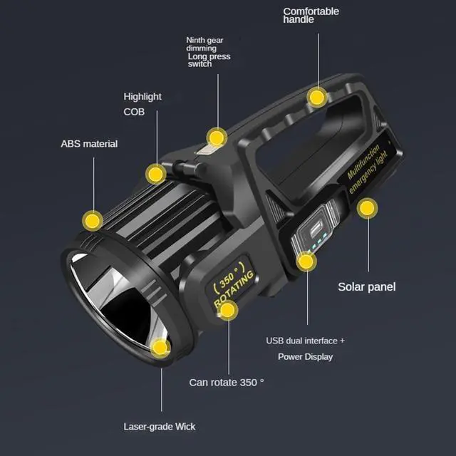 Alt view image 5 of 7 - 1300000 L Spotlight, Rechargeable Led Spotlight Flashlight with 350° Rotate Head, 9 Modes Super Bright Spot Lights Outdoor Handheld, IPX6 Waterproof Solar Flashlight for Emergencies