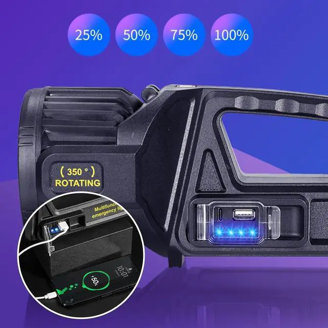 Alt view image 7 of 7 - 1300000 L Spotlight, Rechargeable Led Spotlight Flashlight with 350° Rotate Head, 9 Modes Super Bright Spot Lights Outdoor Handheld, IPX6 Waterproof Solar Flashlight for Emergencies