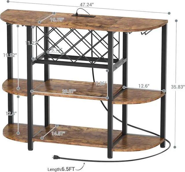 Alt view image 3 of 7 - Unikito Wine Rack Table with Socket and LED Light, Floor Bar Cabinet for Liquor and Glasses, Wood Coffee Bar Table with Adjustable Wine Rack, FreeStanding Sideboard and Buffet Cabinet, Rustic