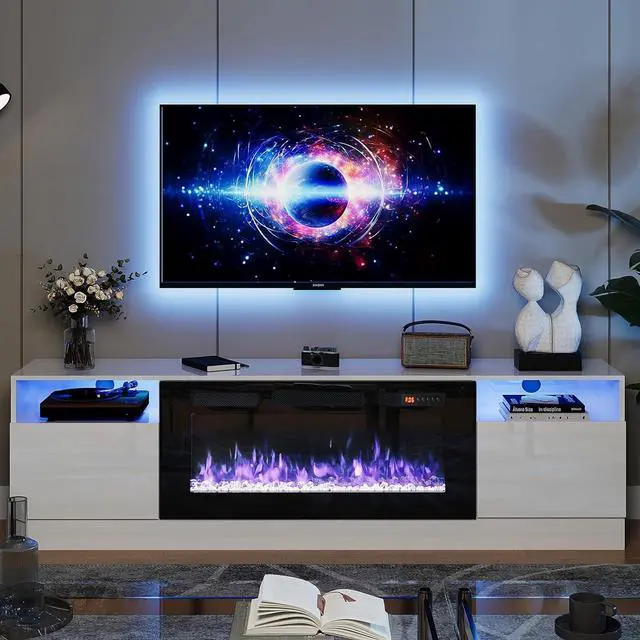Main image of oneinmil Fireplace TV Stand with 36" Electric Fireplace, LED Light Entertainment Center, Modern Wood Texture Highlight Storage Cabinet for TVs Up to 80", 70 inches,White