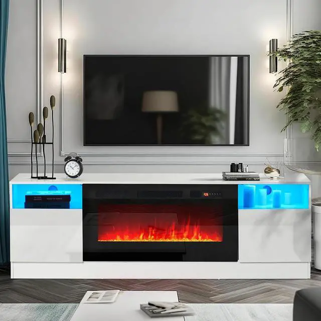 Alt view image 2 of 7 - oneinmil Fireplace TV Stand with 36" Electric Fireplace, LED Light Entertainment Center, Modern Wood Texture Highlight Storage Cabinet for TVs Up to 80", 70 inches,White