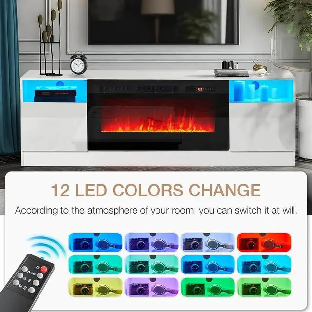 Alt view image 3 of 7 - oneinmil Fireplace TV Stand with 36" Electric Fireplace, LED Light Entertainment Center, Modern Wood Texture Highlight Storage Cabinet for TVs Up to 80", 70 inches,White