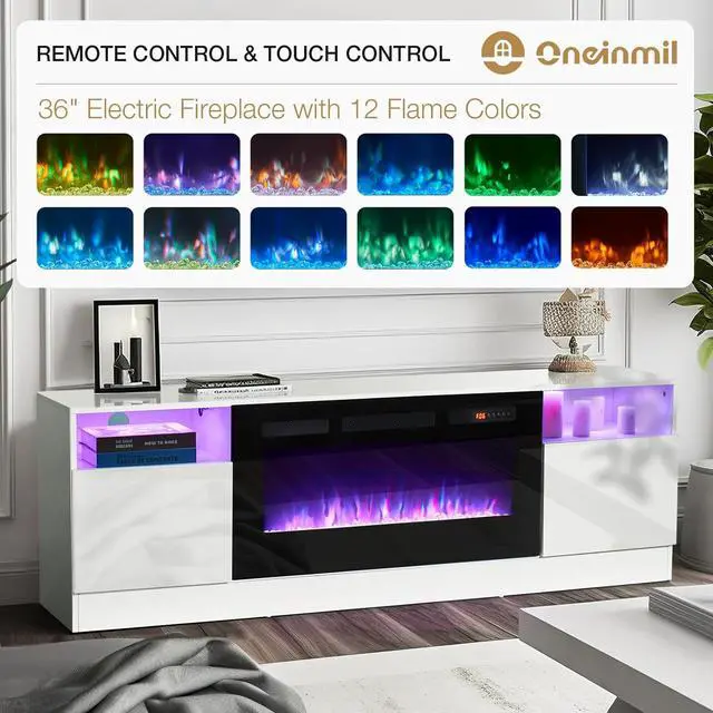 Alt view image 4 of 7 - oneinmil Fireplace TV Stand with 36" Electric Fireplace, LED Light Entertainment Center, Modern Wood Texture Highlight Storage Cabinet for TVs Up to 80", 70 inches,White