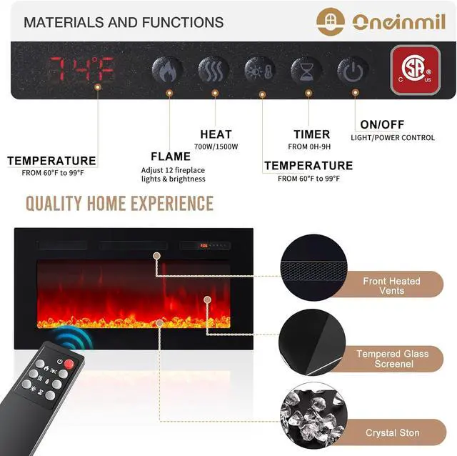 Alt view image 5 of 7 - oneinmil Fireplace TV Stand with 36" Electric Fireplace, LED Light Entertainment Center, Modern Wood Texture Highlight Storage Cabinet for TVs Up to 80", 70 inches,White