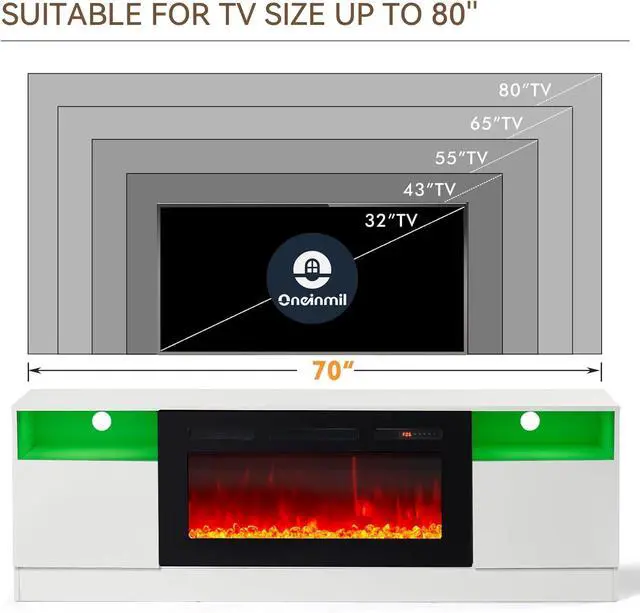 Alt view image 6 of 7 - oneinmil Fireplace TV Stand with 36" Electric Fireplace, LED Light Entertainment Center, Modern Wood Texture Highlight Storage Cabinet for TVs Up to 80", 70 inches,White