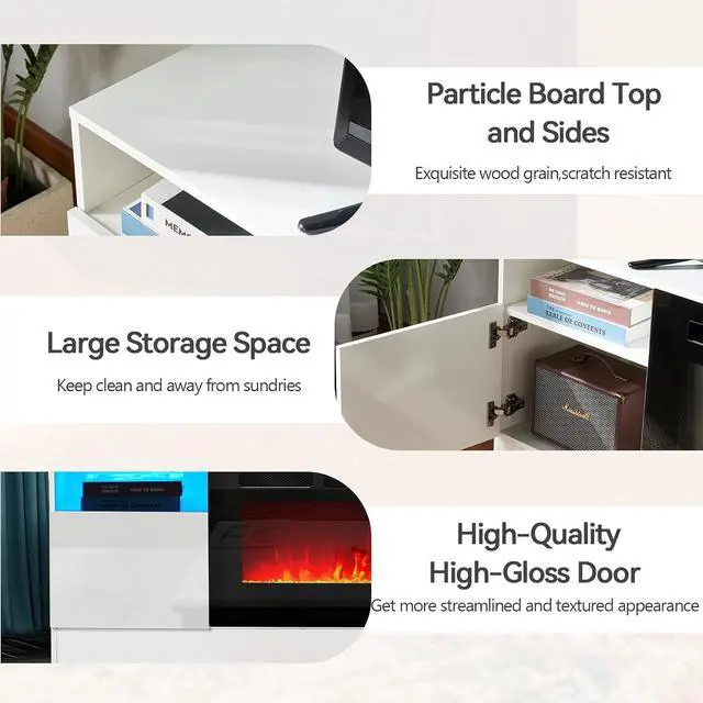 Alt view image 7 of 7 - oneinmil Fireplace TV Stand with 36" Electric Fireplace, LED Light Entertainment Center, Modern Wood Texture Highlight Storage Cabinet for TVs Up to 80", 70 inches,White