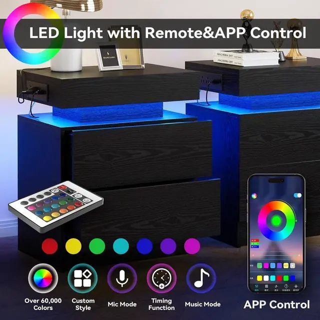 Alt view image 4 of 7 - LIKIMIO Nightstand with Charging Station LED Light and 2 Drawers Black | bedside table; end table; charging station; LED light; 2 drawers; black wood grain; small spaces