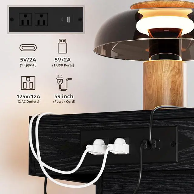 Alt view image 5 of 7 - LIKIMIO Nightstand with Charging Station LED Light and 2 Drawers Black | bedside table; end table; charging station; LED light; 2 drawers; black wood grain; small spaces