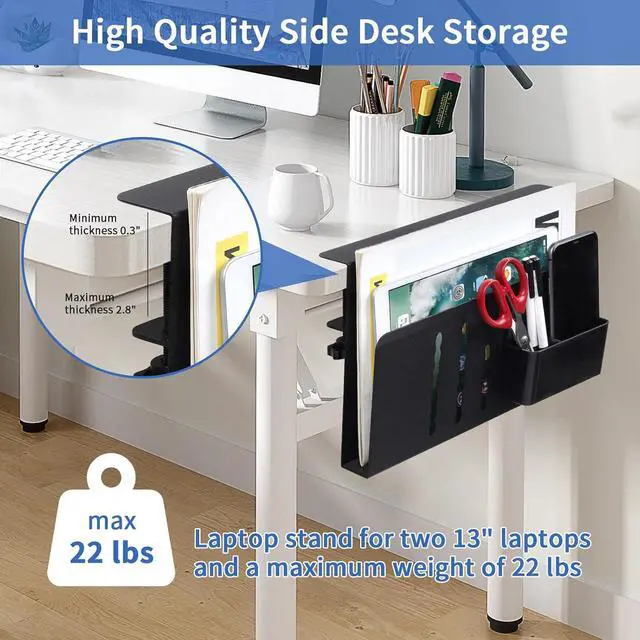 Alt view image 2 of 7 - LUKETURE Desk Side Storage, Steel Side Desk Organizer, No Drill Laptop Holder, Clamp on Laptop Mount with Pen Holder, Table Hanging Storage for Home Office, Fits Flat Edge Tables 0.3" to 2.8"