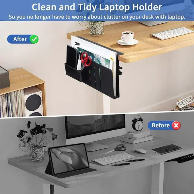 Alt view image 6 of 7 - LUKETURE Desk Side Storage, Steel Side Desk Organizer, No Drill Laptop Holder, Clamp on Laptop Mount with Pen Holder, Table Hanging Storage for Home Office, Fits Flat Edge Tables 0.3" to 2.8"
