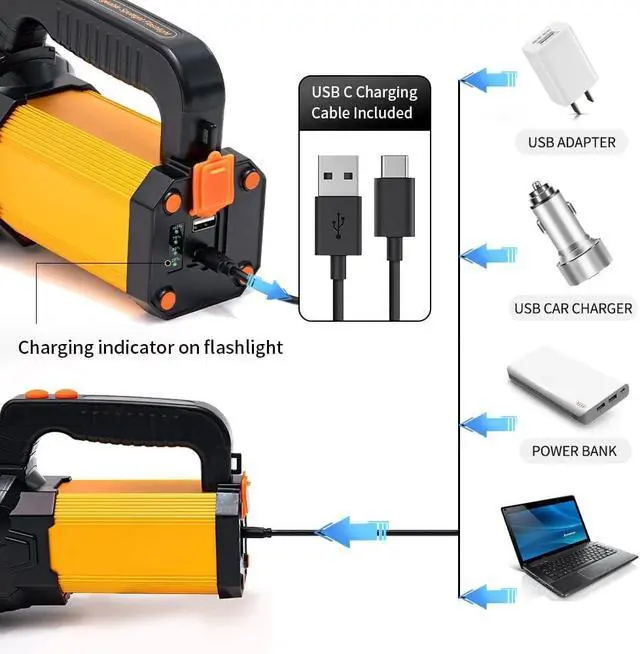 Alt view image 5 of 6 - Powerful Led Flashlight High Lumens USB C Rechargeable,Super Bright Handheld Spotlight,Strong Metal Flashlight Large/Long Lasting/Lantern/Strap,High Powered Big Searchlight